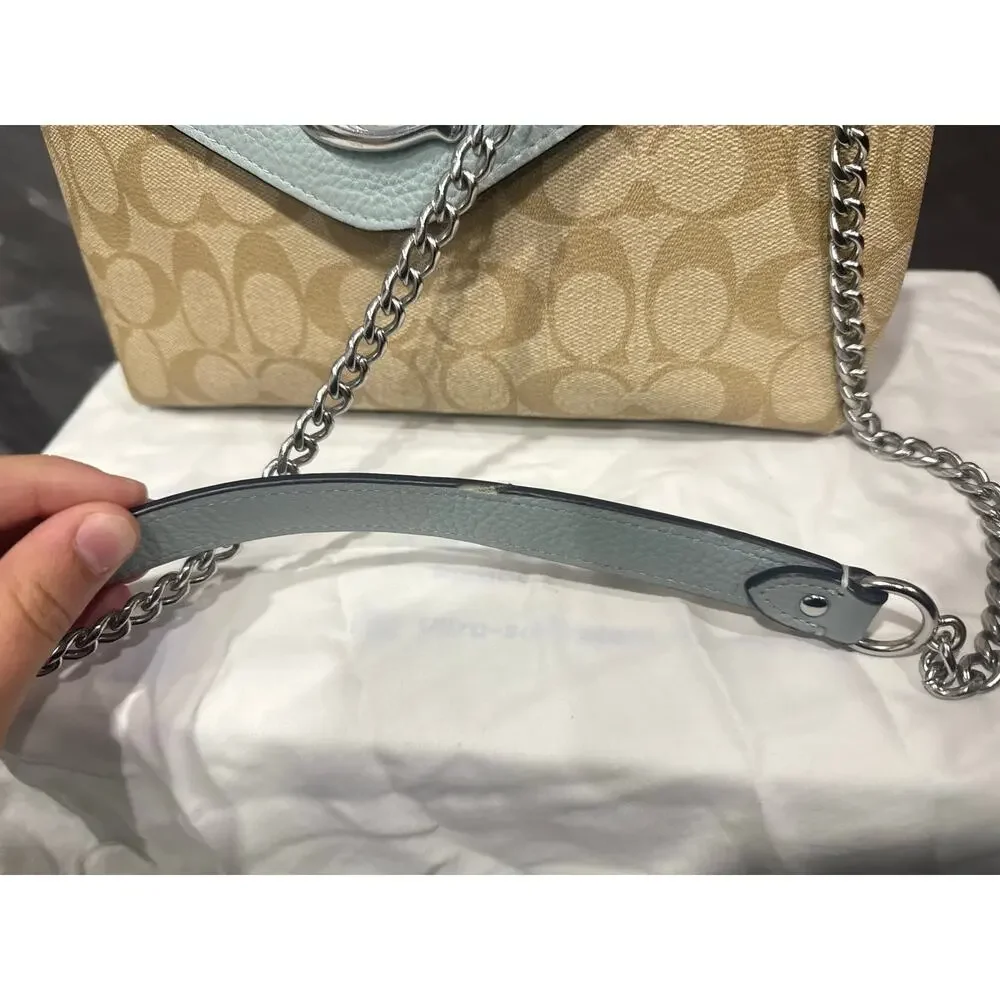 Coach Tammie Shoulder Bag in Signature Canvas Khaki Teal Chain Strap C6784
